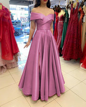 Load image into Gallery viewer, Long Satin Bridesmaid Dresses Off Shoulder Leg Slit
