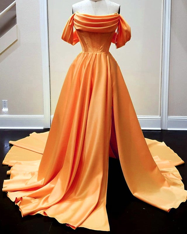 Long Satin Corset Prom Dresses Off The Shoulder Side Split-alinanova