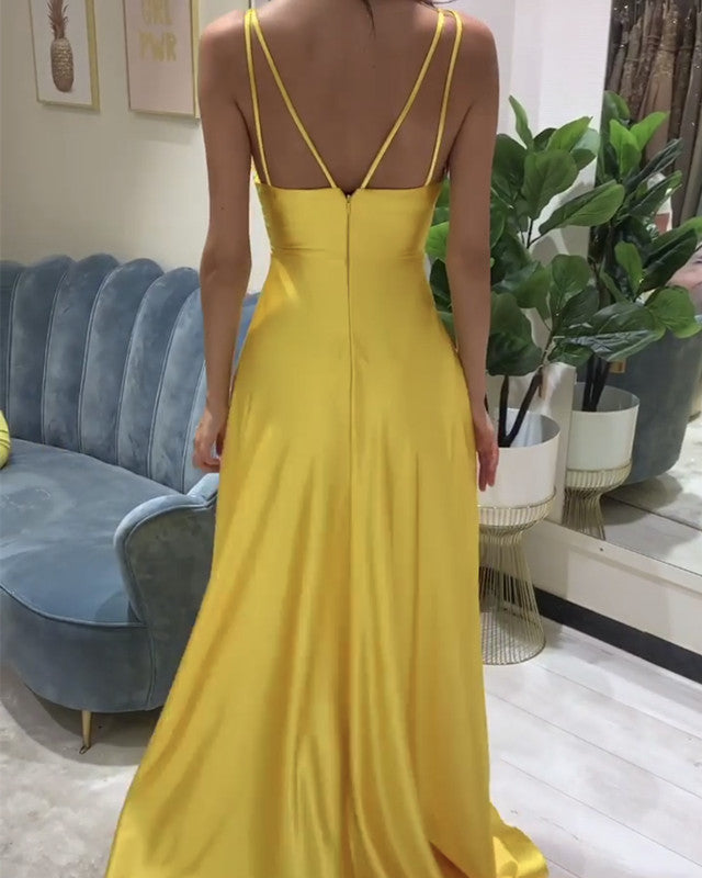 Spaghetti Straps V Neck Prom Dresses Satin Leg Slit – alinanova