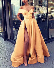 Load image into Gallery viewer, Long Gold Evening Dresses Off The Shoulder
