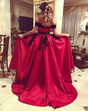 Load image into Gallery viewer, Long Satin Split Prom Dresses Black Lace Off The Shoulder
