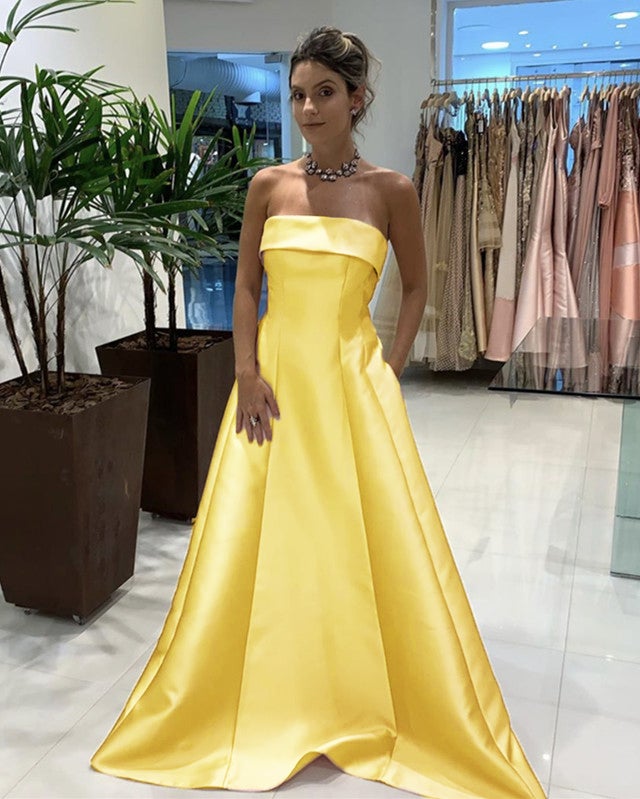 green emerald velvet dress Zapaka Women Yellow Bridesmaid Dress with Streamer Ruffled Strapless Long Wedding Guest Dress, Yellow / US24W main image 0