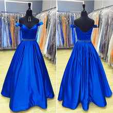 Load image into Gallery viewer, Long Satin V Neck Off Shoulder Prom Dresses Ball Gowns Beaded Sashes
