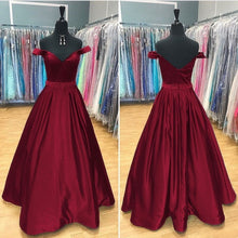 Load image into Gallery viewer, Long Satin V Neck Off Shoulder Prom Dresses Ball Gowns Beaded Sashes-alinanova
