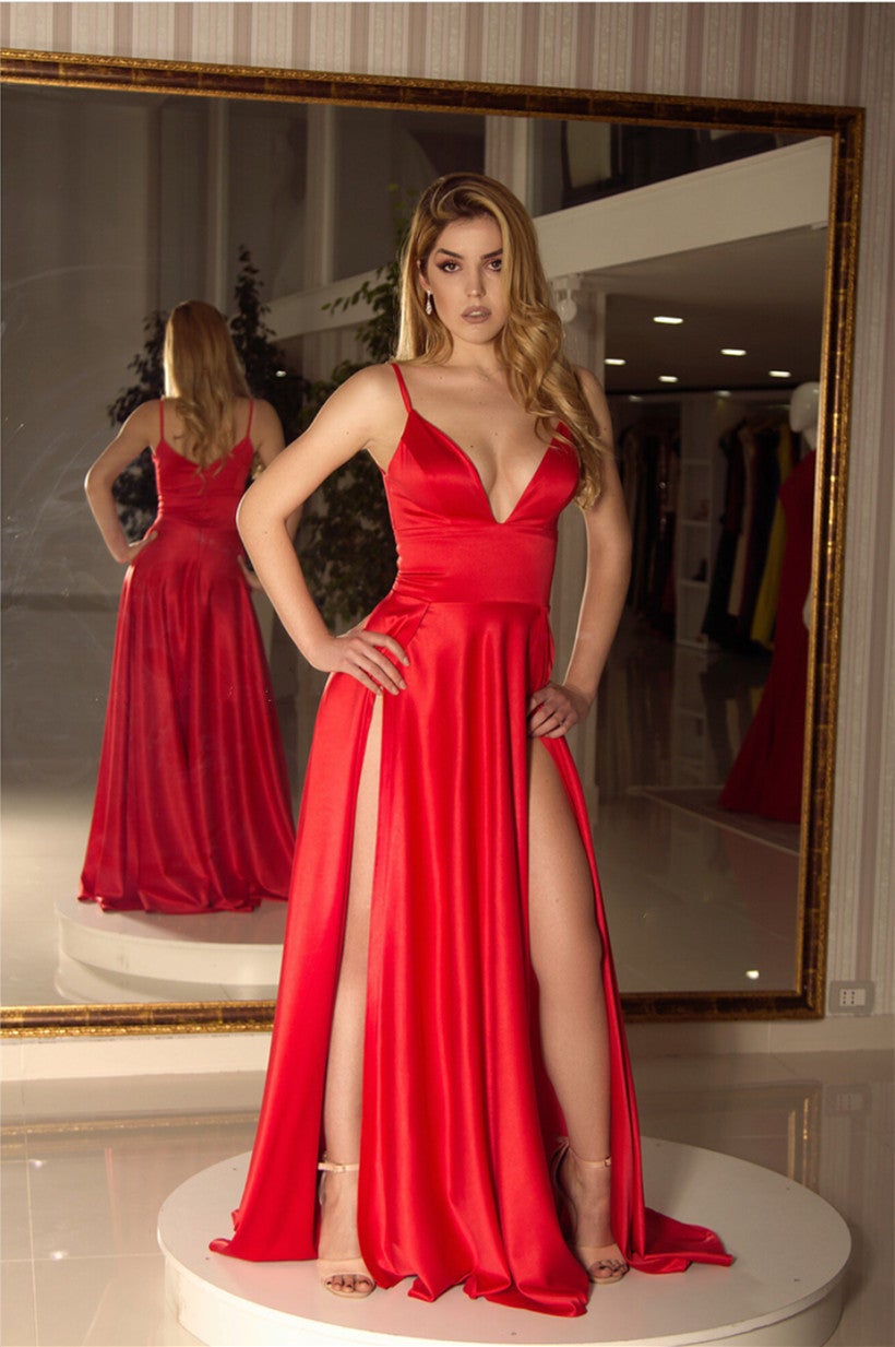 Long Satin V-neck Prom Dresses Double Split Party Gowns Long Satin V-neck Prom Dresses Double Split Party Gowns