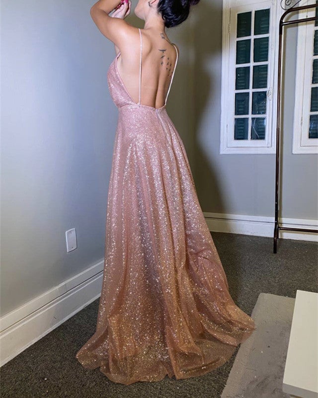 Long Sequins Evening Dress Plunge Neck Open Back alinanova Long Sequins Evening Dress Plunge Neck Open Back alinanova