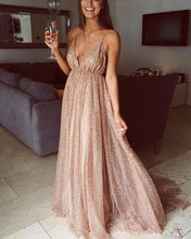 Load image into Gallery viewer, Long Gold Sequins V Neck Prom Dresses
