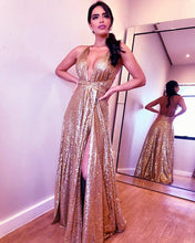 Load image into Gallery viewer, Long Sequins V Neck Split Sequins Prom Dresses Backless
