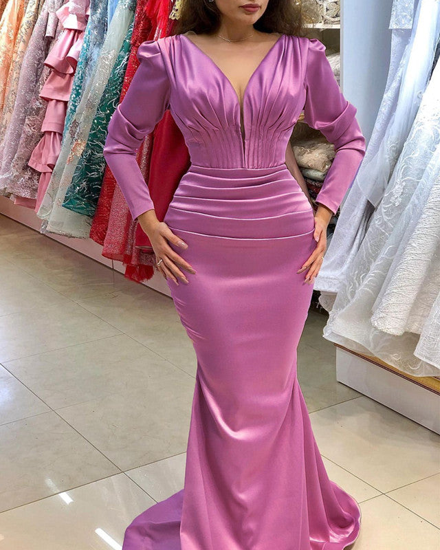 mauve formal dress with sleeves Mauve Beaded Gown with Sheer Cape Sleeves and V-Neckline – Glamorous Evening  Dress
