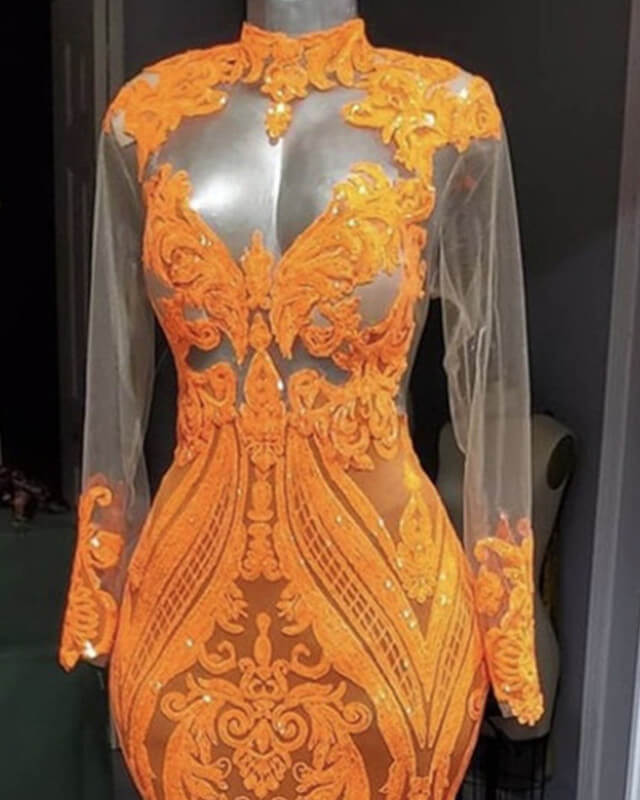 Mermaid Long Sleeve Orange Sequin Prom Dresses