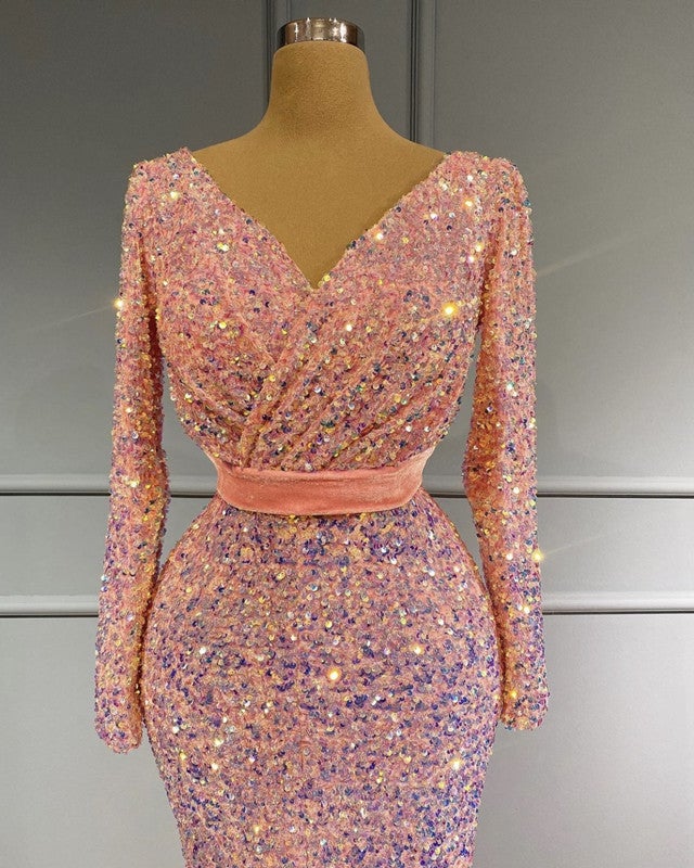 long sleeve pink sequin dress Long Sleeve Pink Mermaid Sequin Prom Dresses