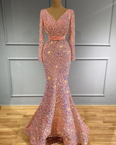 Long Sleeve Pink Mermaid Sequin Prom Dresses-alinanova