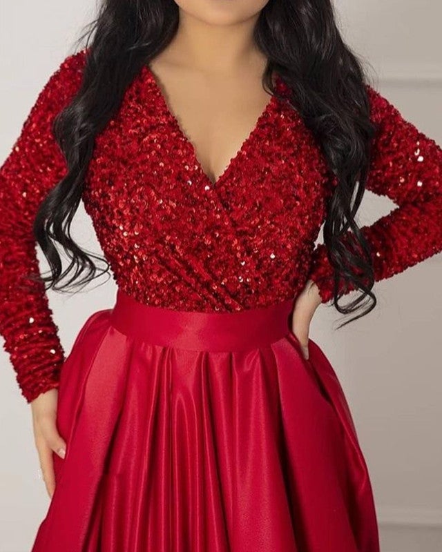 Long Sleeve Sequin V Neck Satin Dress Split