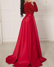 Load image into Gallery viewer, Long Sleeve Sequin V Neck Satin Dress Split

