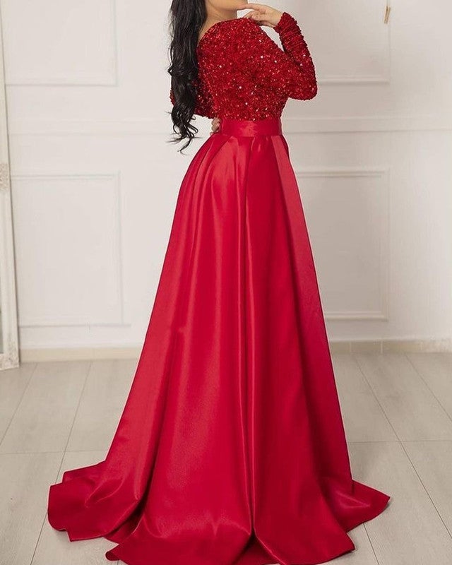 Long Sleeve Sequin V Neck Satin Dress Split