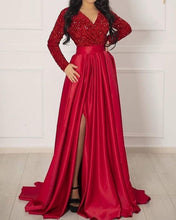 Load image into Gallery viewer, Long Sleeve Red Satin Prom Dress
