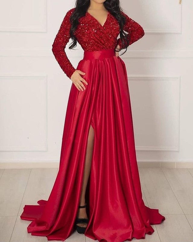Long Sleeve Red Satin Prom Dress