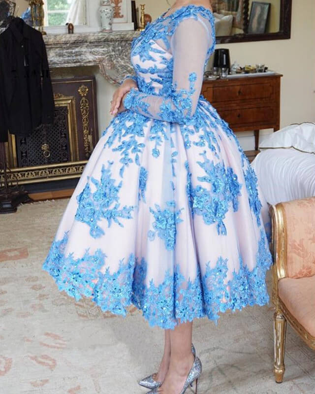 Light Blue Ball Gown Tea Length Dresses