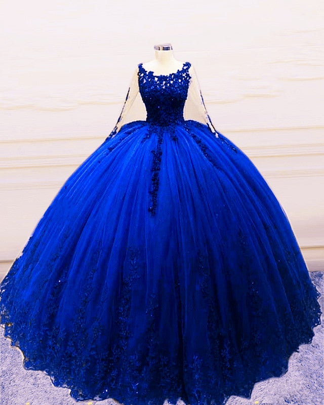 Long Sleeves Quinceanera Dresses Blue