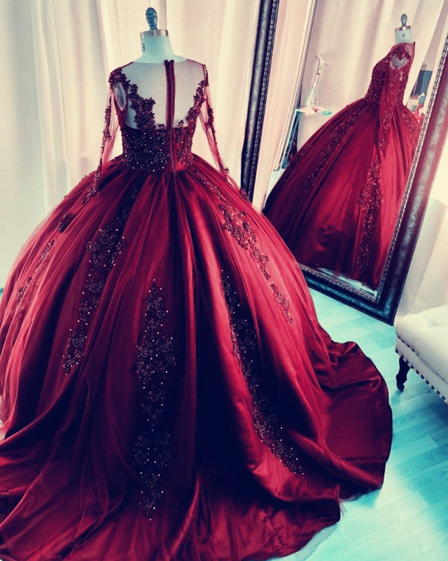 Long Sleeves Quinceanera Dress Satin Ball Gown Lace Appliques alinanova Long Sleeves Quinceanera Dress Satin Ball Gown Lace Appliques alinanova