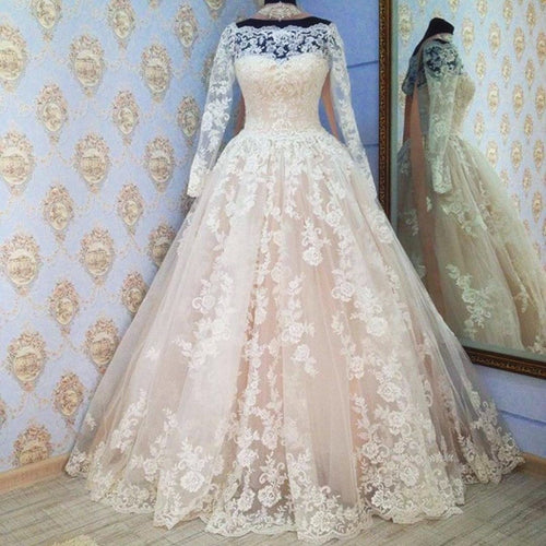 Long Sleeves Ball Gowns Lace Wedding Dress Champagne-alinanova