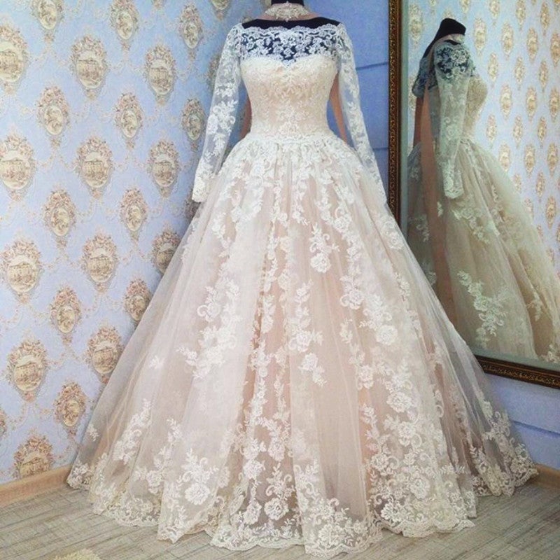 Long Sleeves Ball Gowns Lace Wedding Dress Champagne-alinanova