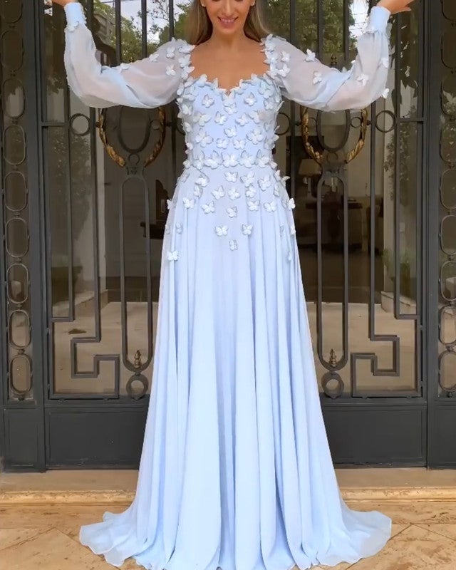 Long Sleeves Chiffon Evening Dress with Butterfly Long Sleeves Chiffon Evening Dress with Butterfly