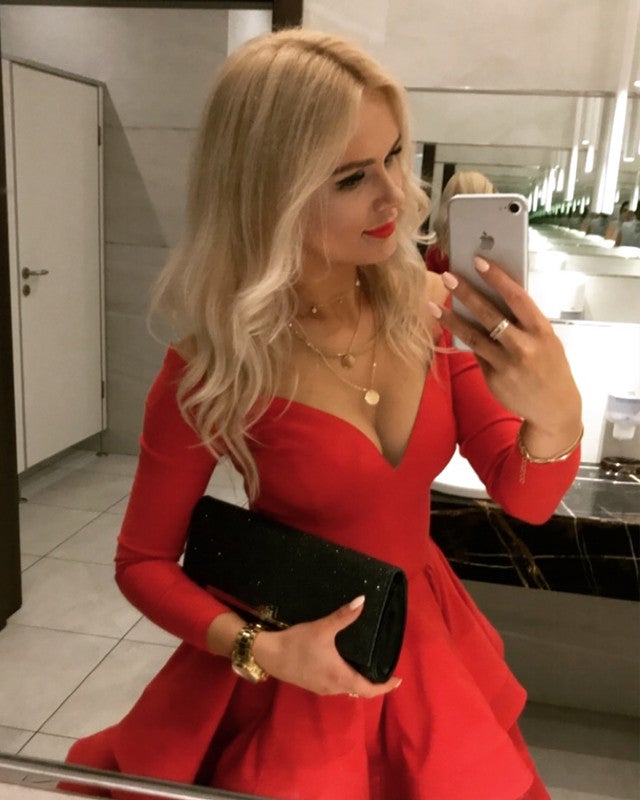 red long sleeve homecoming dresses Long Sleeves Homecoming Dresses Ruffles Satin Cocktail Dress