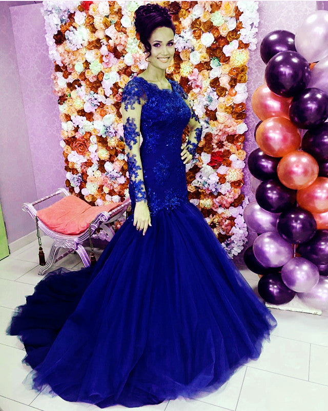 fitted lace wedding dress Lace Long Sleeves Mermaid Prom Dresses Tulle Evening Gowns