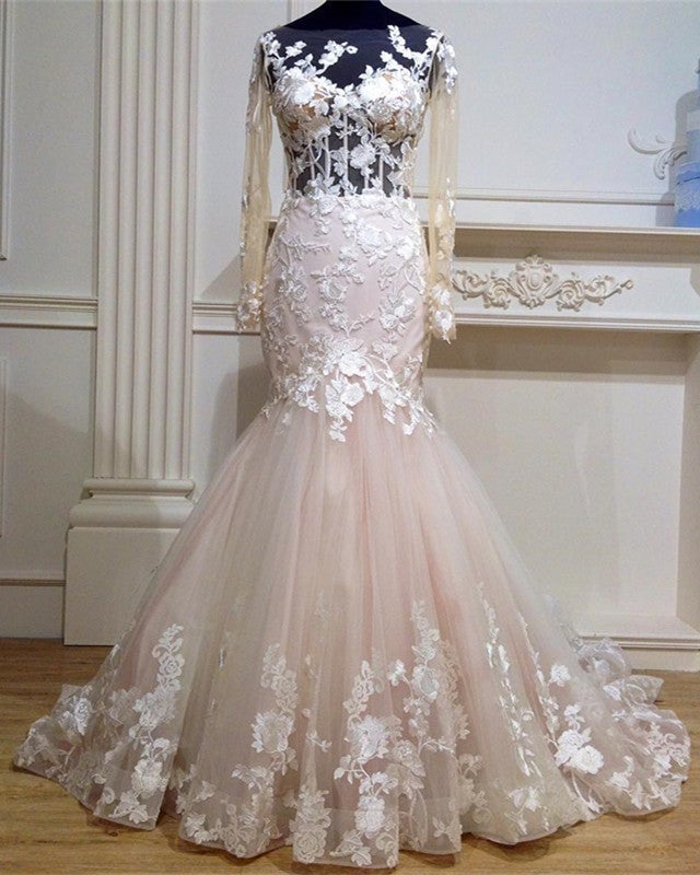 fitted lace wedding dress Long Sleeves Mermaid See Through Wedding Dresses Lace Embroidery