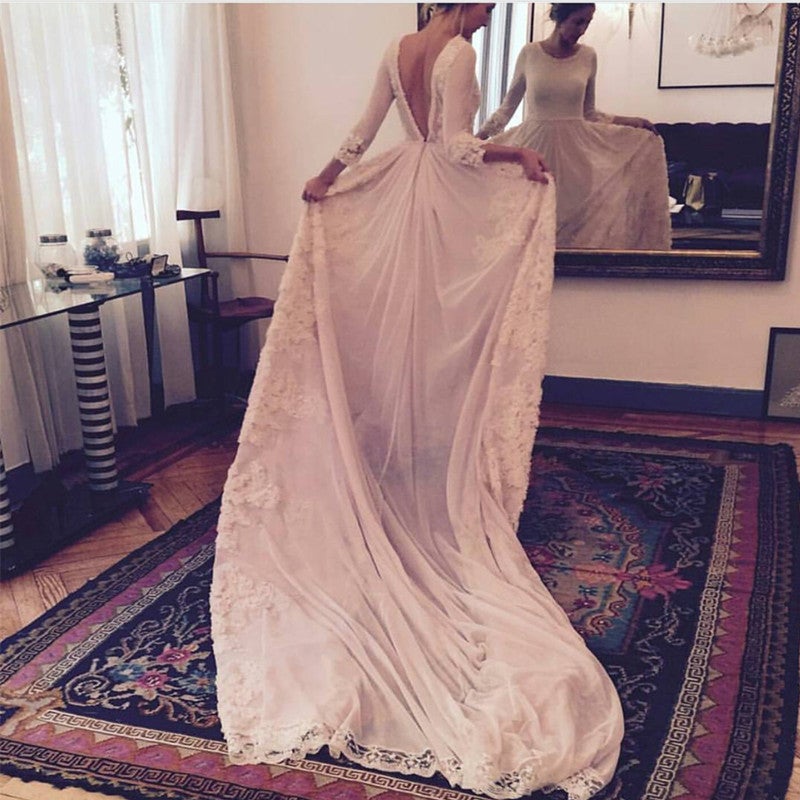 Long Sleeves Open Back Chiffon Wedding Dresses Lace Appliques-alinanova