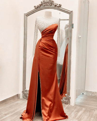 plus size red evening dress Long Pleated Plus-Size Formal Dress with Long Sleeves Rose Gold / 18