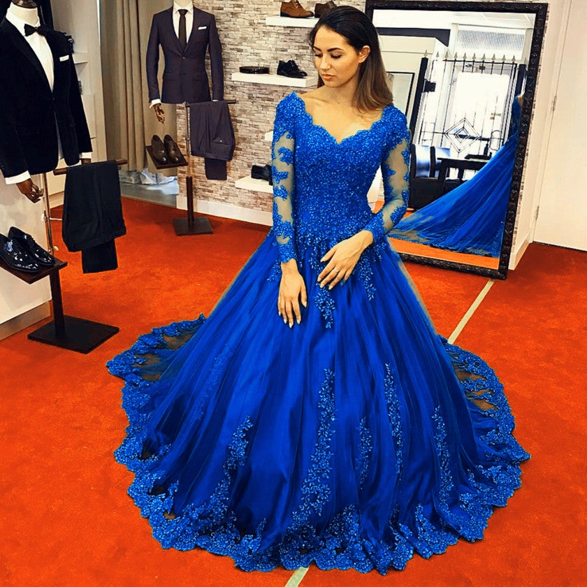 Royal Blue Wedding Dress Long Sleeves Lace Ball Gown – alinanova