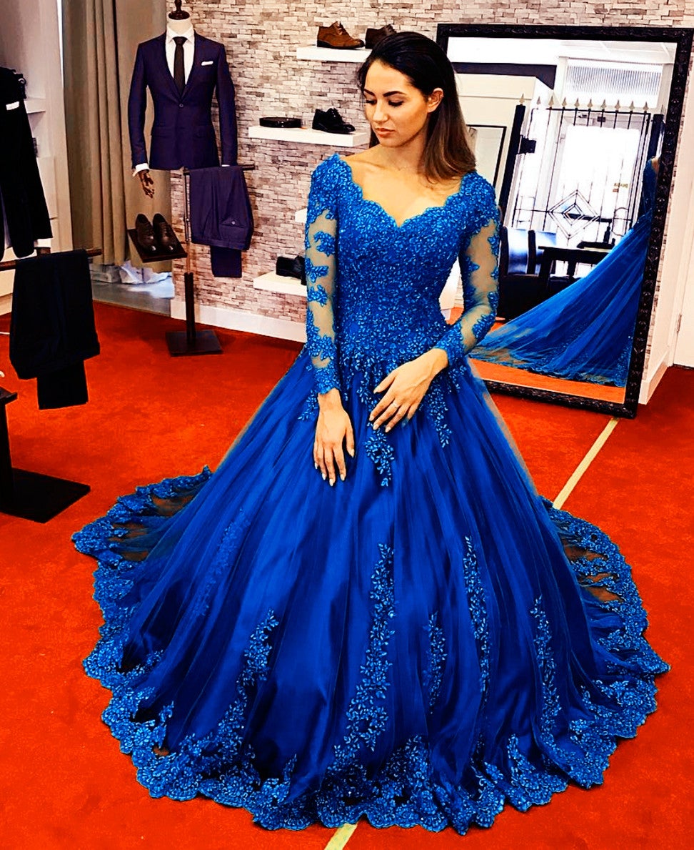 Long Sleeves Royal Blue Lace Ball Gowns Wedding Dresses-alinanova