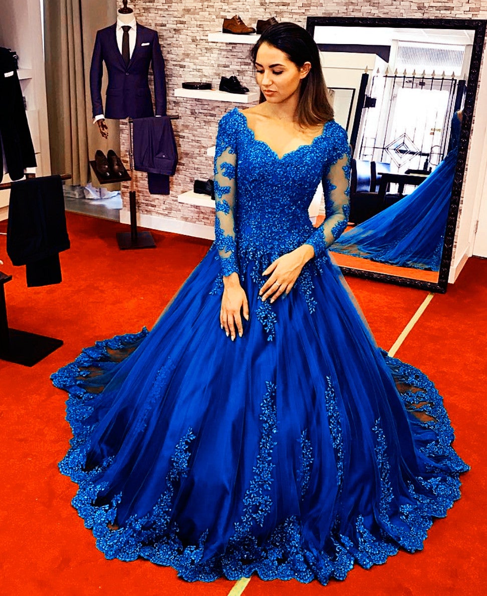 Long Sleeves Royal Blue Lace Ball Gowns Wedding Dresses-alinanova