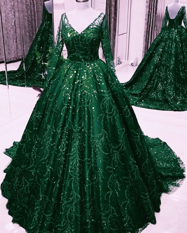 Long Sleeves Green Prom Dresses