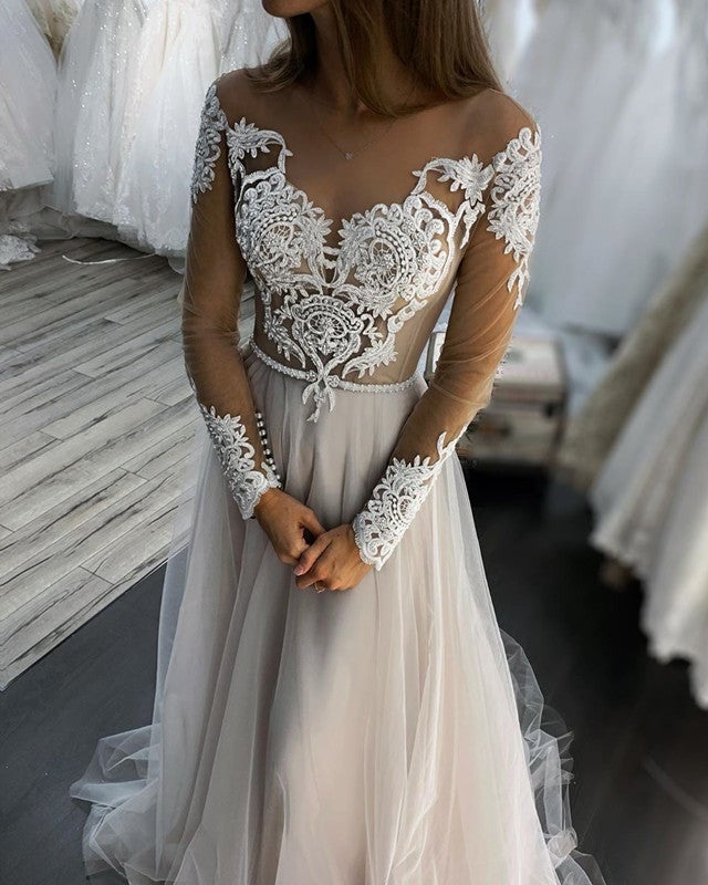 Long Sleeves Wedding Boho Dresses Lace Embroidery-alinanova