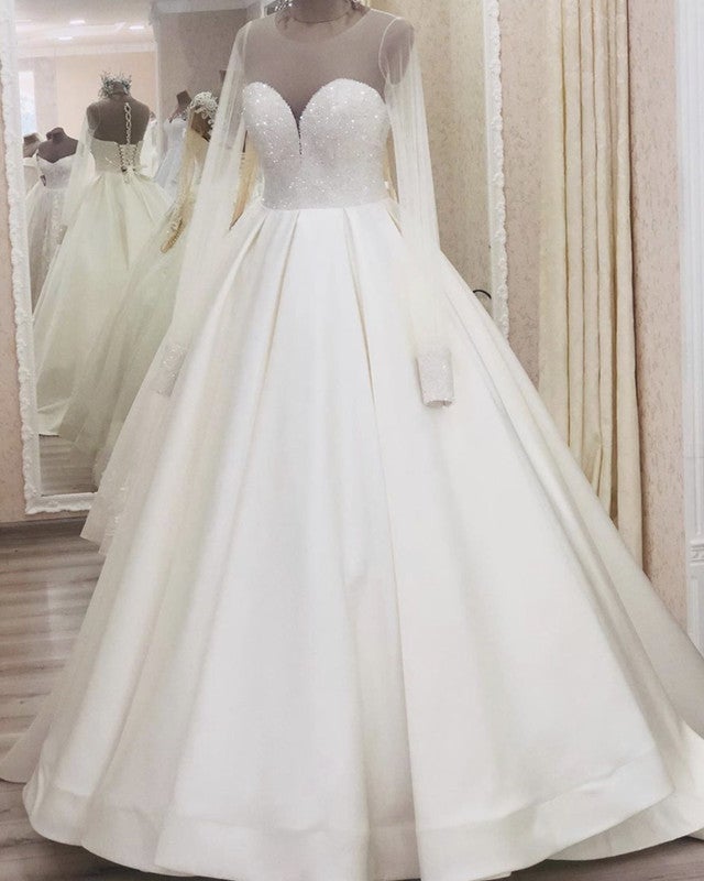 Long Sleeves Wedding Dress Satin Ball Gown Sequins Beaded Corset-alinanova