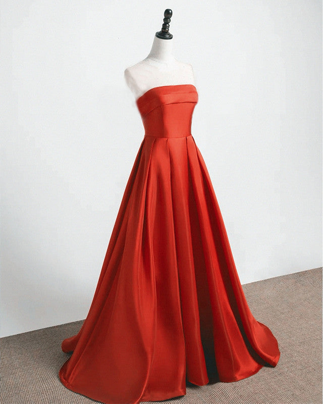 Long Strapless Burnt Orange Satin Dresses