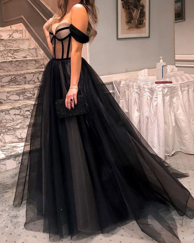 Long Tulle Corset Prom Dresses Off The Shoulder