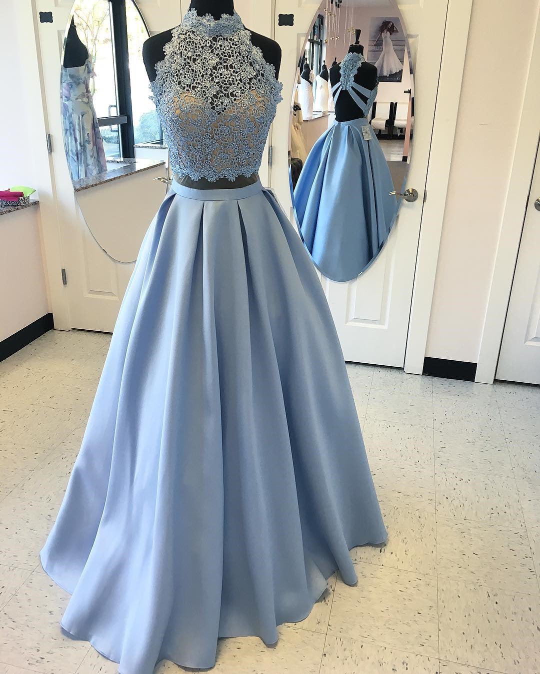 Long Two Piece Prom Dress Lace High Neck Open Back Long Two Piece Prom Dress Lace High Neck Open Back