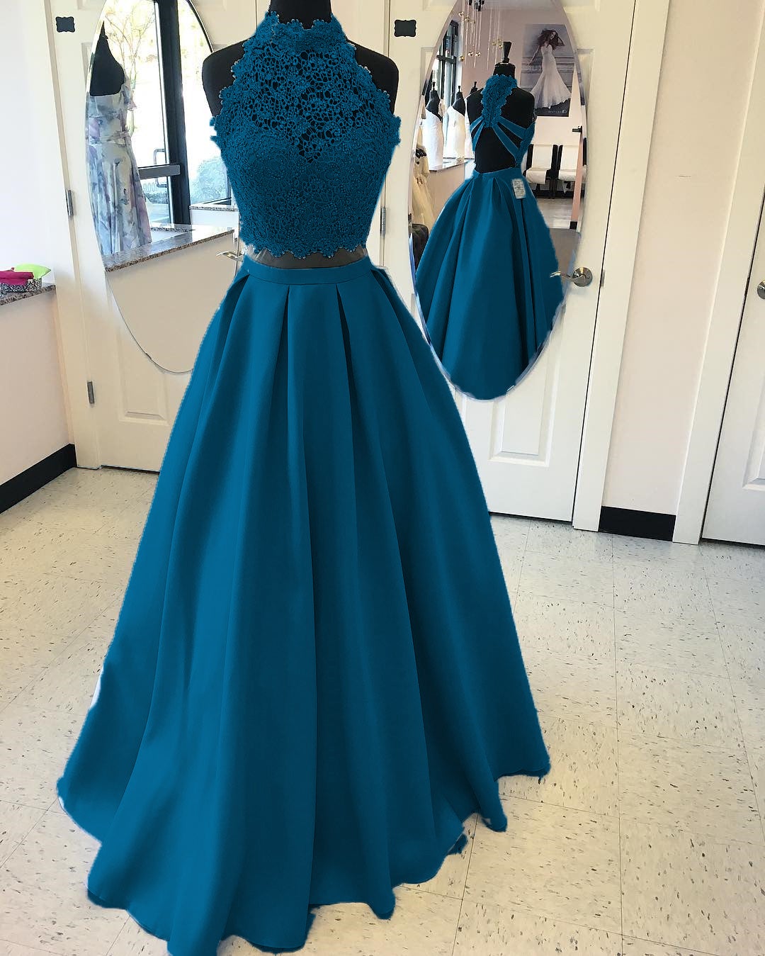 Long Two Piece Prom Dress Lace High Neck Open Back – alinanova