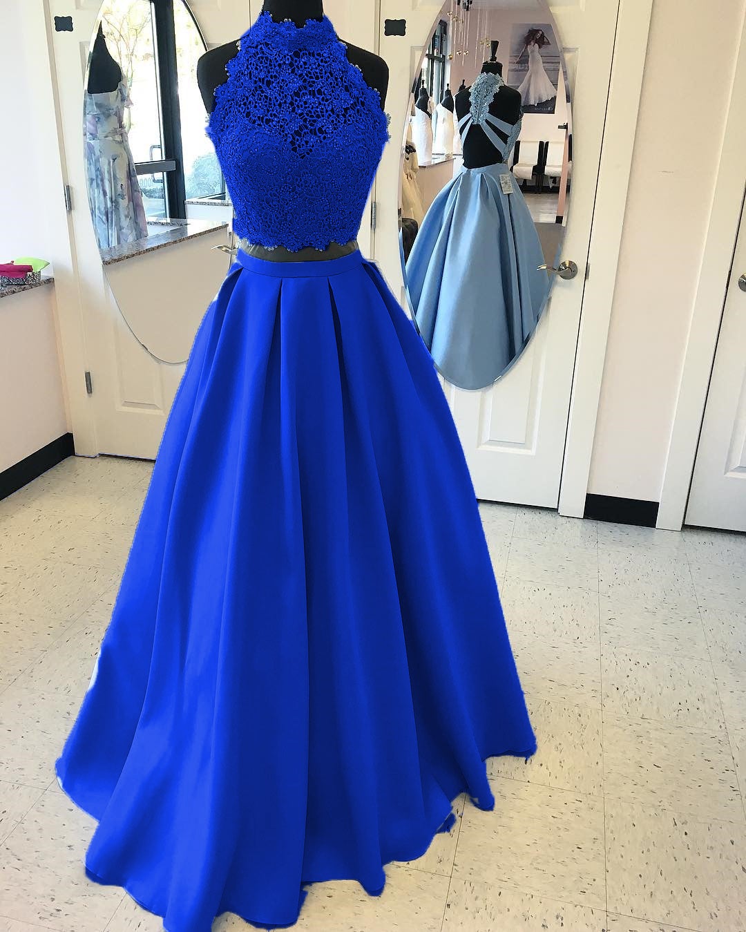 Long Two Piece Prom Dress Lace High Neck Open Back Long Two Piece Prom Dress Lace High Neck Open Back