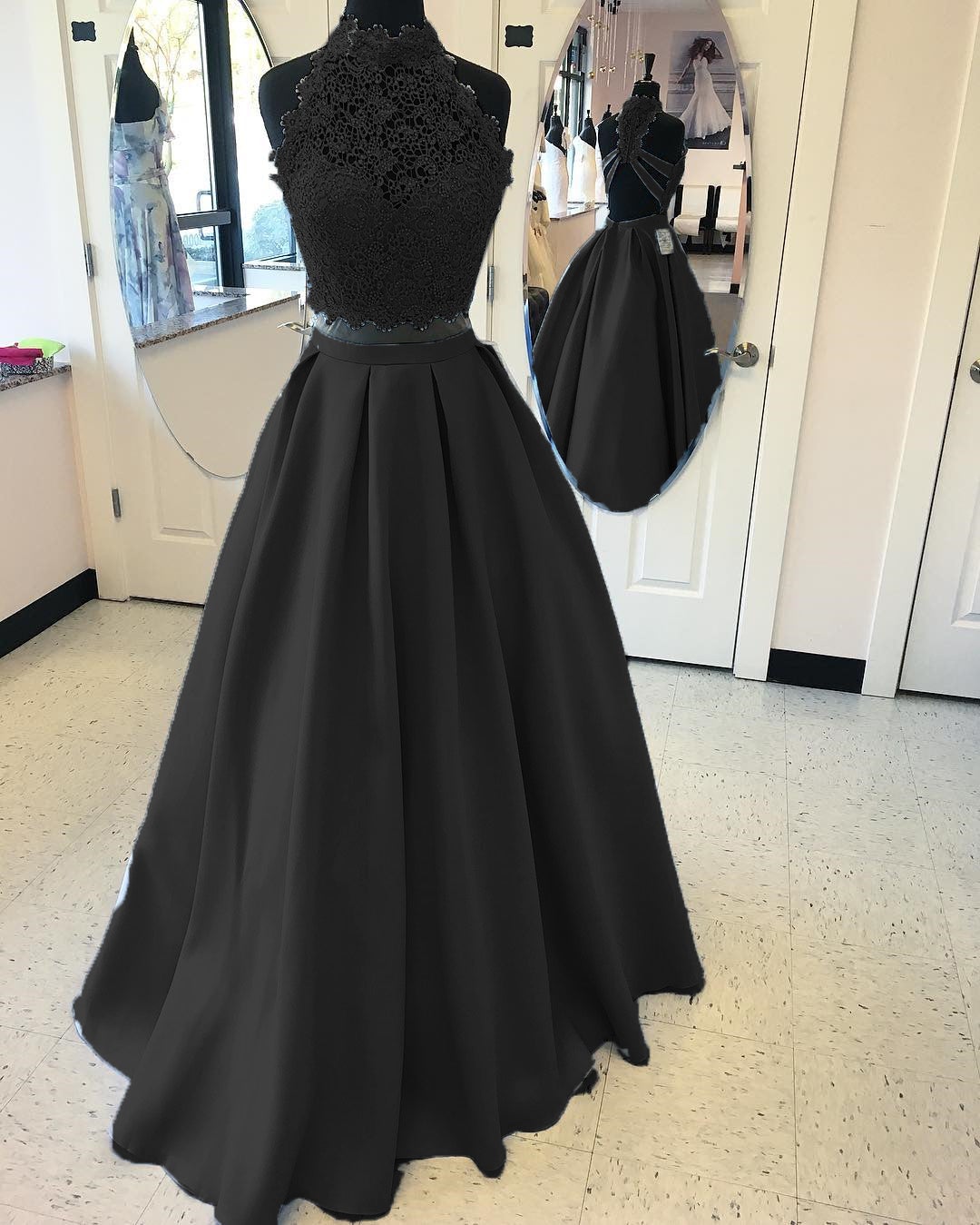 Long Two Piece Prom Dress Lace High Neck Open Back alinanova Long Two Piece Prom Dress Lace High Neck Open Back alinanova