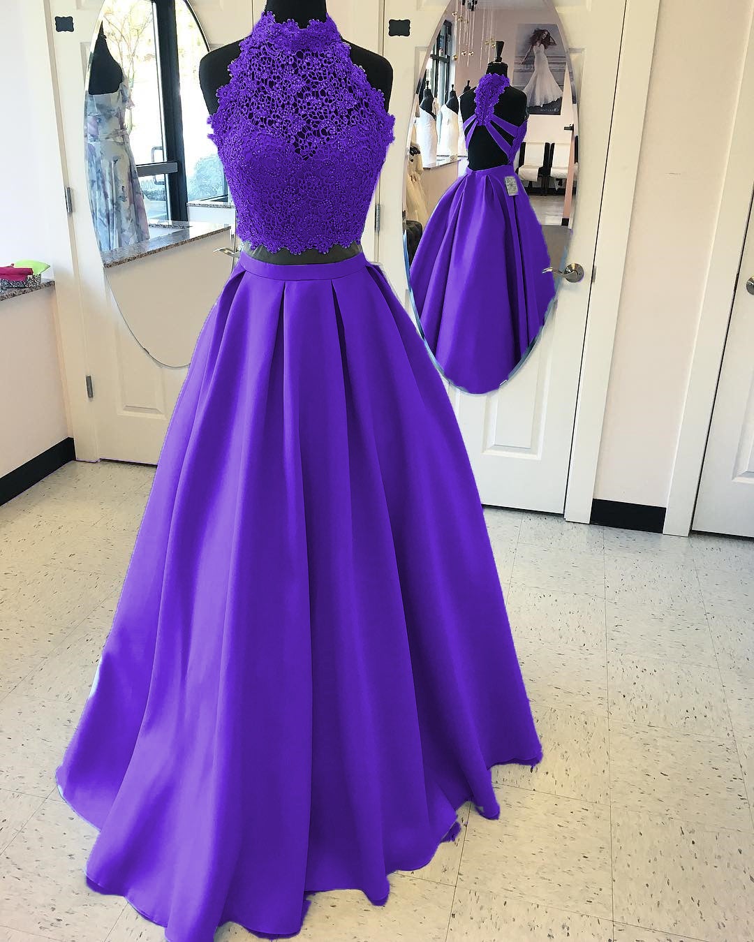 Long Two Piece Prom Dress Lace High Neck Open Back Long Two Piece Prom Dress Lace High Neck Open Back