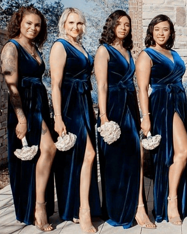Long Velvet Bridesmaid Dresses V Neck Leg Slit Long Velvet Bridesmaid Dresses V Neck Leg Slit