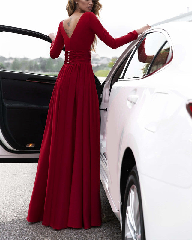 long sleeve prom dresses under 50 Long Sleeves Prom Dresses V-neck Chiffon Split – alinanova