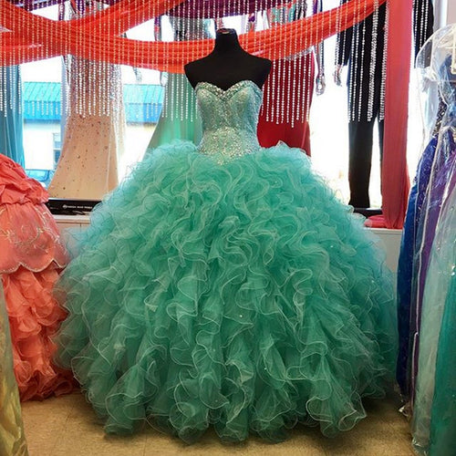 Lovely Beaded Organza Ruffles Turquoise Quinceanera Dresses Ball Gowns-alinanova