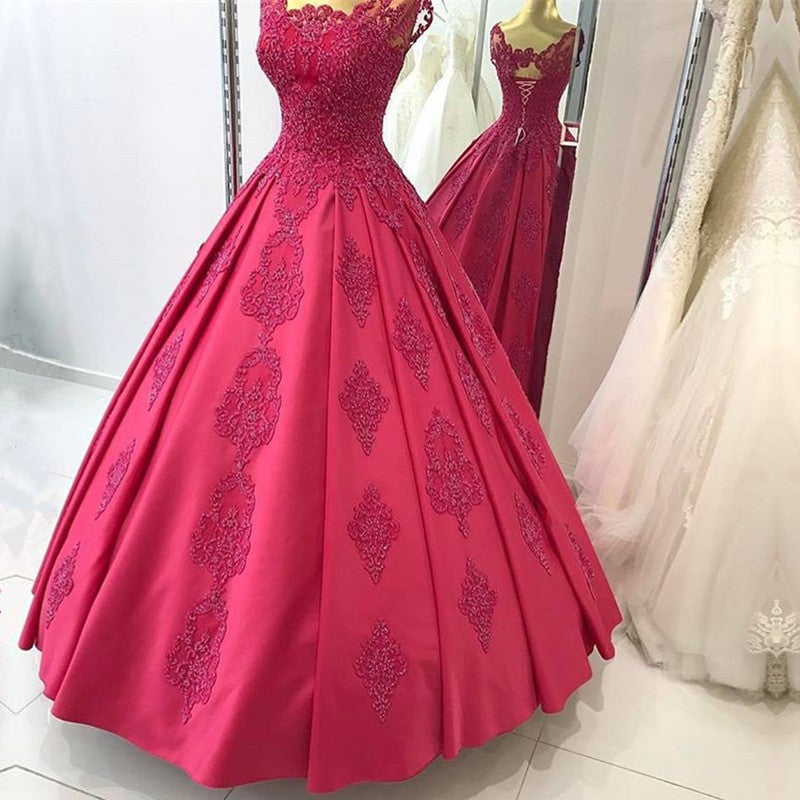 Red or pink elegant long sleeves satin ball gown wedding dress with short  train