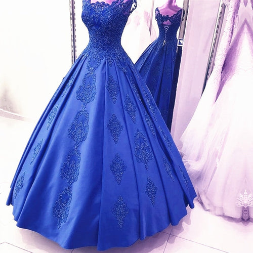 Lovely Lace Appliques Cap Sleeves Ball Gown Prom Dresses Floor Length-alinanova